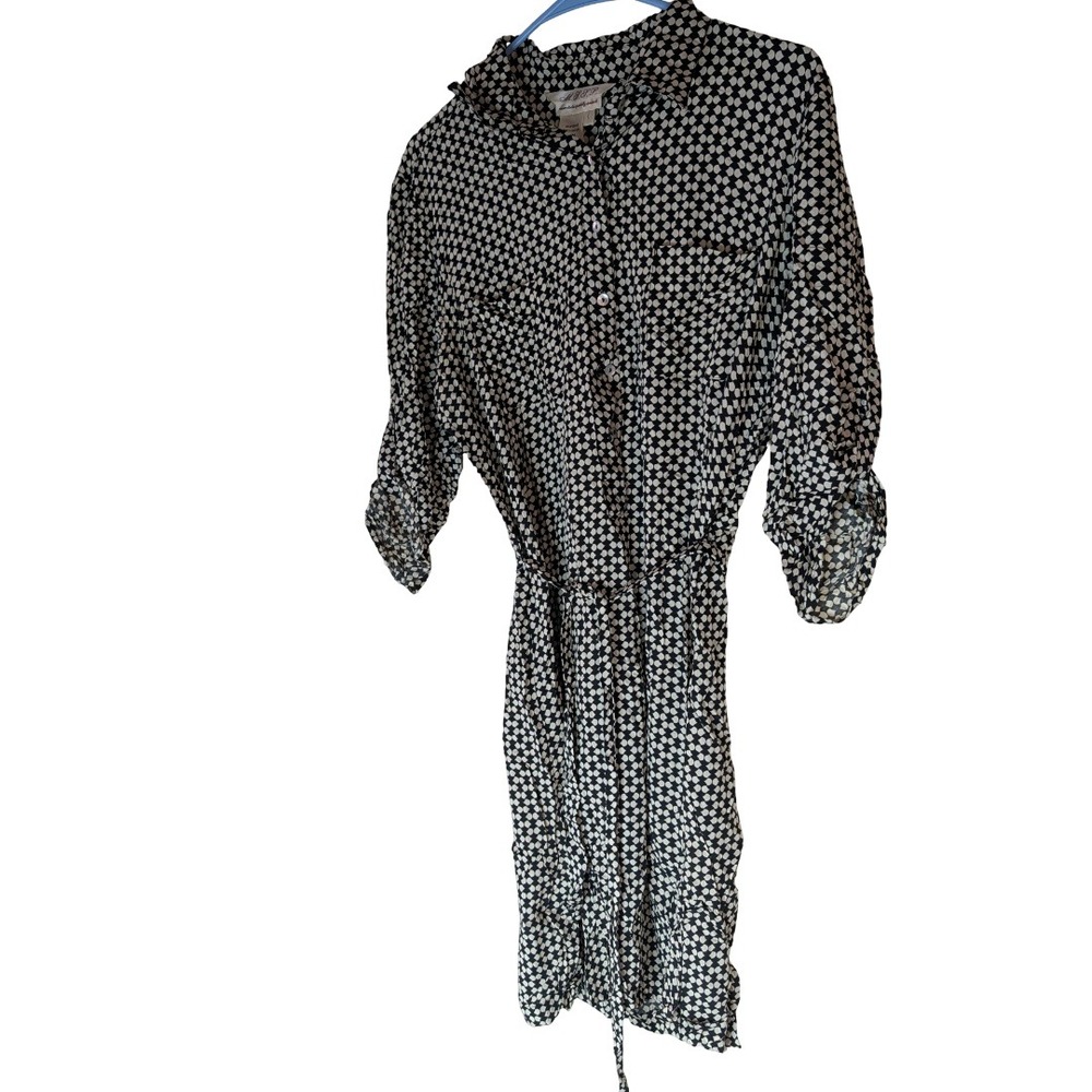 MSSP Max Studio Shirtdress Womens L Black White Geometric Rayon Roll Tab Vintage - Picture 6 of 12